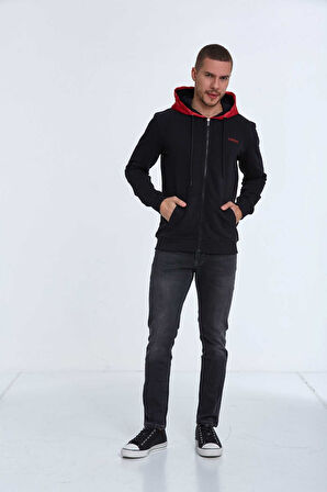 Libra Fermuarlı Kapüşonlu Erkek Sweatshirt  Siyah