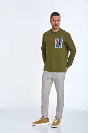 Pattern Bisiklet Yaka Erkek Sweatshirt Haki
