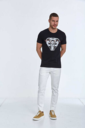 Aster Baskılı Erkek Tişört Lacivert