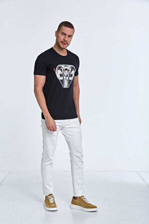 Aster Baskılı Erkek Tişört Lacivert