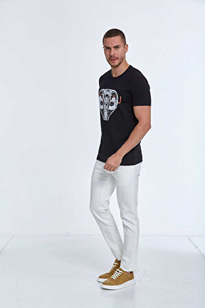 Aster Baskılı Erkek Tişört Lacivert