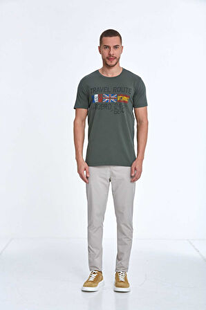 Lotus Baskılı Erkek Tişört Haki