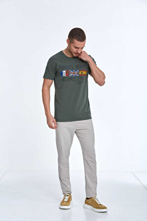 Lotus Baskılı Erkek Tişört Haki