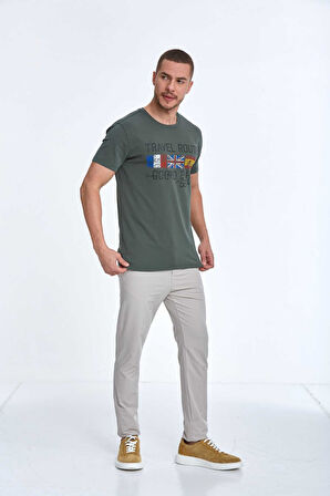 Lotus Baskılı Erkek Tişört Haki