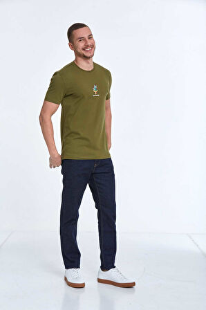 Chip Nakışlı Erkek Tişört Haki