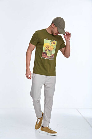 Shein Baskılı Erkek Tişört Haki