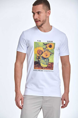 Shein Baskılı Erkek Tişört Beyaz