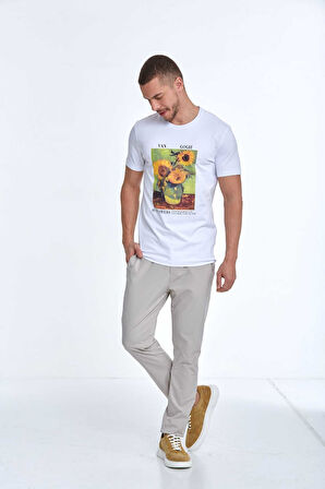 Shein Baskılı Erkek Tişört Beyaz