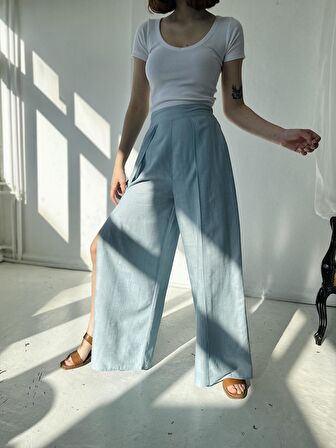 Retrobird Yırtmaç Detaylı Wide-Leg Pantolon Etek Kadın Açık Mavi
