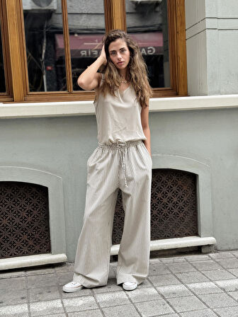 Retrobird Tasarım Bol Kesim Relax Pantolon Kadın Haki Çizgili