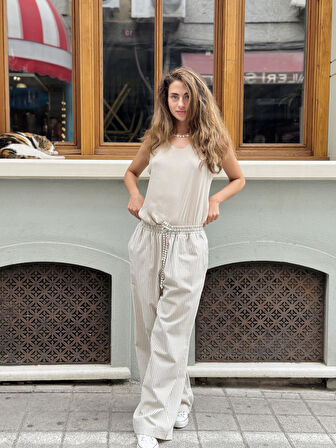 Retrobird Tasarım Bol Kesim Relax Pantolon Kadın Haki Çizgili