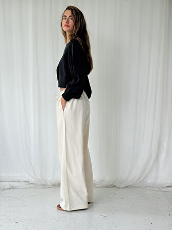 Retrobird Tasarım Bol Kesim Relax Pantolon Kadın Ekru