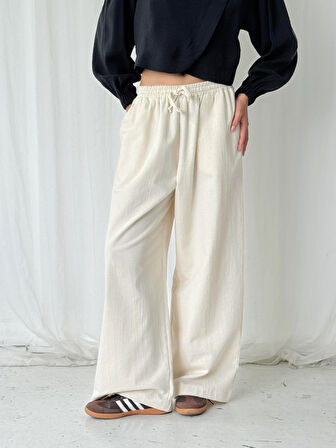 Retrobird Tasarım Bol Kesim Relax Pantolon Kadın Ekru
