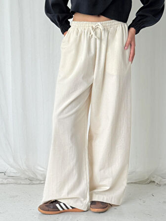 Retrobird Tasarım Bol Kesim Relax Pantolon Kadın Ekru