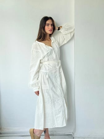 Retrobird Celine Nakışlı Kuşaklı Uzun Elbise Kadın Beyaz