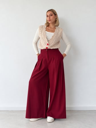 Retrobird Blair Yüksek Bel Pileli Cepli Palazzo Bol Paça Pantolon Kadın Bordo