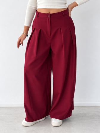 Retrobird Blair Yüksek Bel Pileli Cepli Palazzo Bol Paça Pantolon Kadın Bordo