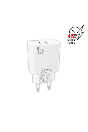 45W Turbo Type-C ve USB Çift Girişli Ev Şarj Cihazı QC 4.0 MT-A1752