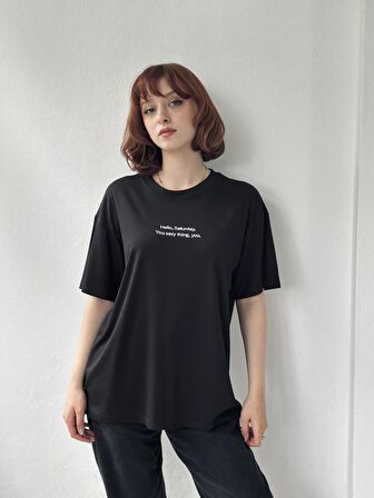 Retrobird Nakışlı Saturday Oversize Tişört Unisex Siyah