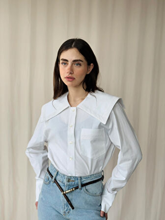 Retrobird Tasarım Dantelli Bebe Yaka Gömlek Kadın Beyaz