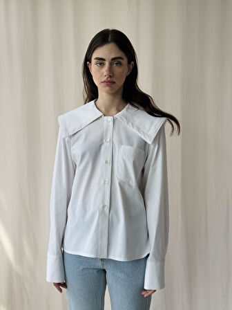 Retrobird Tasarım Dantelli Bebe Yaka Gömlek Kadın Beyaz