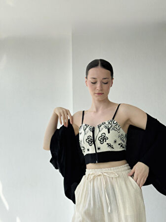 Retrobird Tasarım Önden Fermuarlı Büstiyer Kadın Krem-Siyah