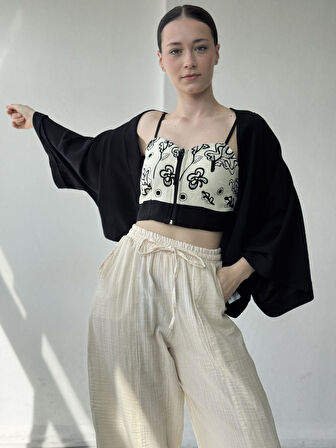 Retrobird Tasarım Önden Fermuarlı Büstiyer Kadın Krem-Siyah