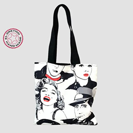 Uretti - Sevim 1612 - El Yapımı Baskılı Bez Çanta 37cm - Siyah