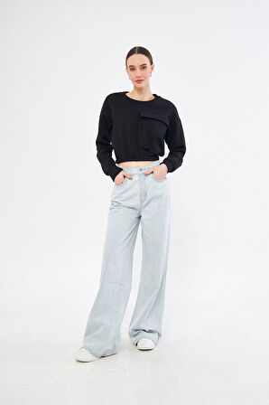 Cep Detaylı Kadın Crop Sweatshirt
