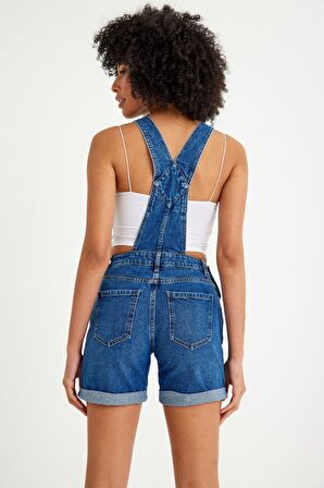 Askılı Duble Paça Denim Salopet Şort