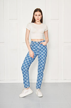 Kareli Düz Kesim Jean Pantolon