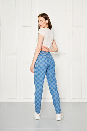 Kareli Düz Kesim Jean Pantolon