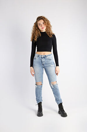 Mom Kalıp Diz Ve Paça Lazerli Denim Pantolon