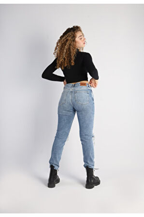 Mom Kalıp Diz Ve Paça Lazerli Denim Pantolon