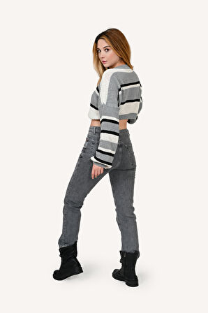 Kutaf Kadın Yüksek Bel Slim Fit Gri Kot Pantolon