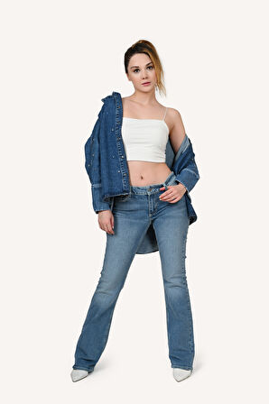 Kutaf Kadın Yüksek Bel Flare Paça Mavi Kot Pantolon - Rahat ve Şık Denim