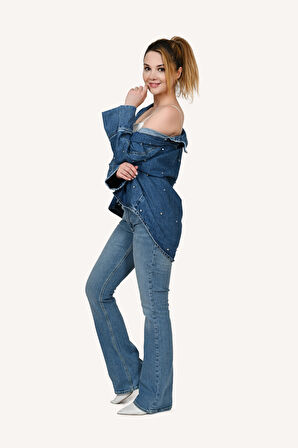 Kutaf Kadın Yüksek Bel Flare Paça Mavi Kot Pantolon - Rahat ve Şık Denim