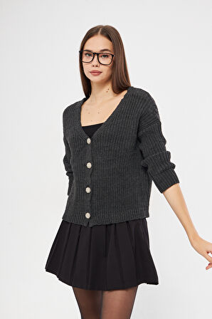 Antrasit Basic V Yaka Triko Hırka