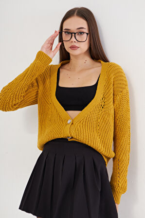 Hardal Basic V Yaka Oversize Triko Hırka