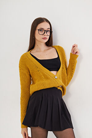 Hardal Basic V Yaka Oversize Triko Hırka