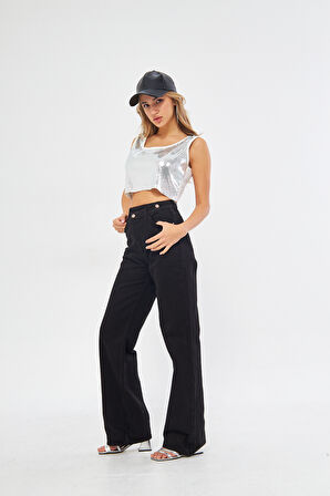 Siyah Yüksek Bel Kemer Detaylı Wide Leg  Jeans