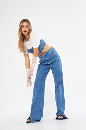 Buz Mavisi Yüksek Bel Wide Leg Geniş Yırtmaçlı paça Jean