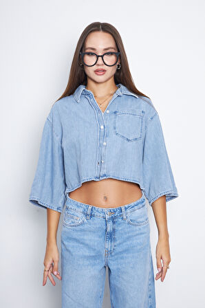 Mavi Crop Uzun Kollu Soft Dokulu Denim Jean Gömlek