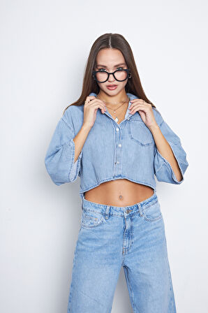 Mavi Crop Uzun Kollu Soft Dokulu Denim Jean Gömlek