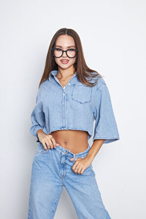 Mavi Crop Uzun Kollu Soft Dokulu Denim Jean Gömlek