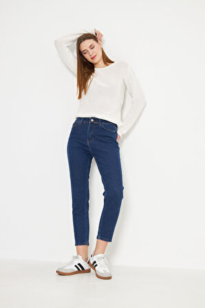 Koyu Mavi Yüksek Bel Mom Jean Esnek Kot Pantolon