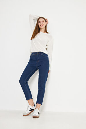 Koyu Mavi Yüksek Bel Mom Jean Esnek Kot Pantolon