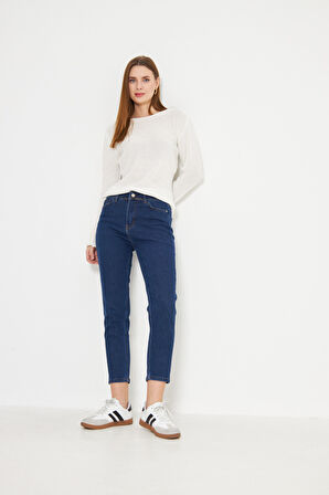 Koyu Mavi Yüksek Bel Mom Jean Esnek Kot Pantolon