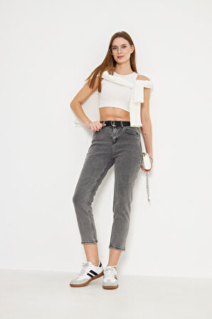 Antrasit Yıkamalı Yüksek Bel Rahat Kalıp Mom Jean Kadın Pantolon