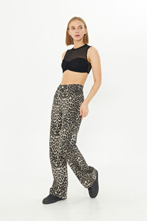 Kadın Leopar Desenli Yüksel Bel Geniş Paça Lıkralı Palazzo Pantolon